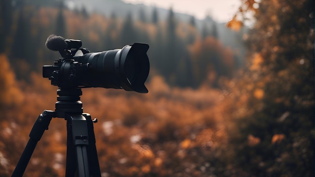 Free photo professional camera on tripod in the autumn forest filtered image
