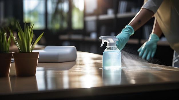 Free photo professional cleaning staff sanitizing an office desk with sprays and wipes