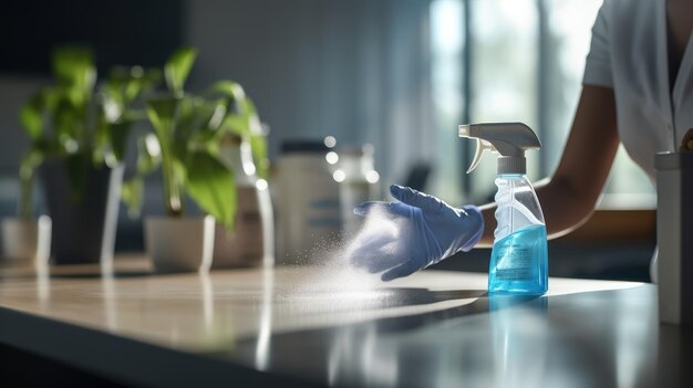 Professional cleaning staff sanitizing an office desk with sprays and wipes