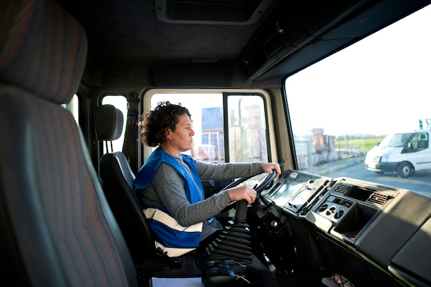 Foto gratuita autista donna professionista con furgone o vagone