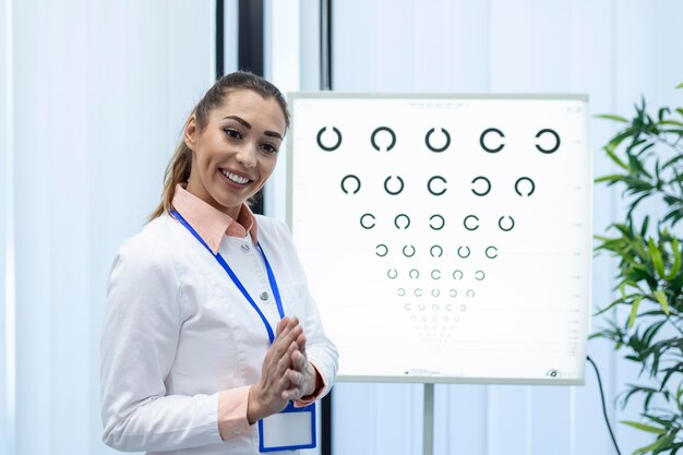 Professional female optician pointing at eye chart timely diagnosis of vision Portrait of optician asking patient for an eye exam test with an eye chart monitor at his clinic