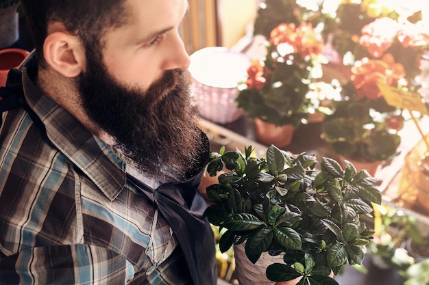 制服を着た彼の手にひげと入れ墨を持つプロの男性花屋は、フラワーショップで花の花束で鍋を保持します。