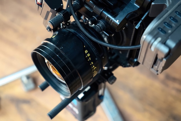 Professional movie camera lens on a movie set