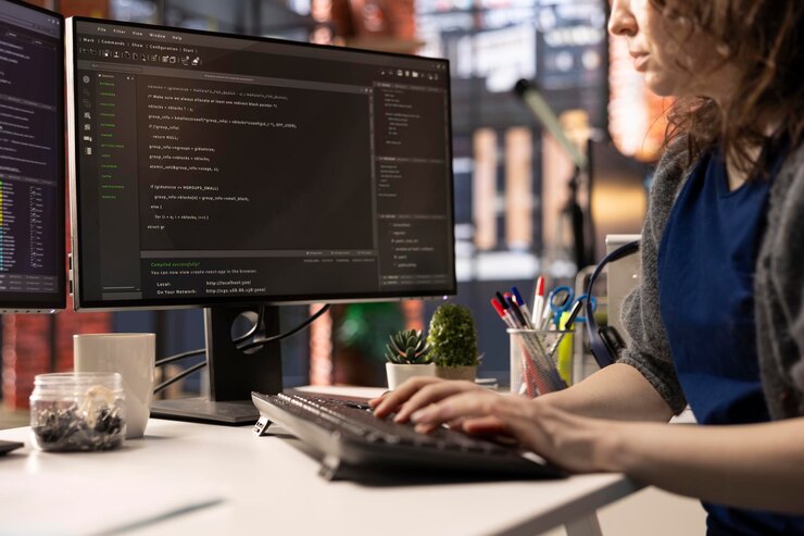 Free Photo professional software developer types code on a laptop in a sleek workspace
