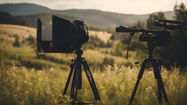 Free photo professional video camera on tripod on the background of beautiful mountain landscape filtered image