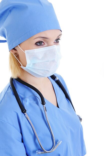 Profile portrait of woman surgeon in medical mask on face