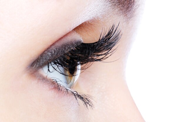 Profile view of a human eye with a long curl false eyelashes