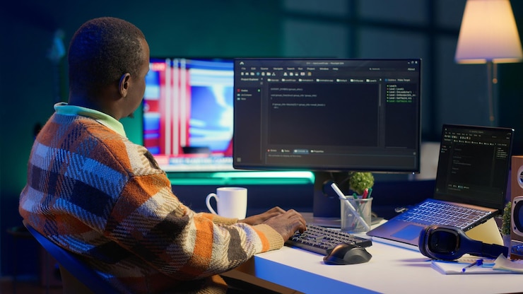 Free Photo programmer in home office concentrating on finding bugs while he codes
