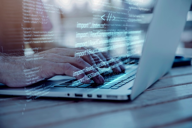 programming background with person working with codes on computer
