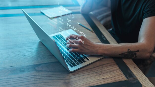 programming background with person working with codes on computer