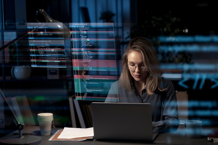 Free Photo programming background with person working with codes on computer