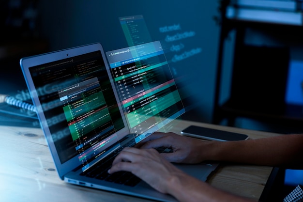 programming background with person working with codes on computer