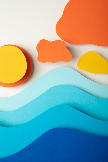 Psychedelic paper shapes with sun and waves