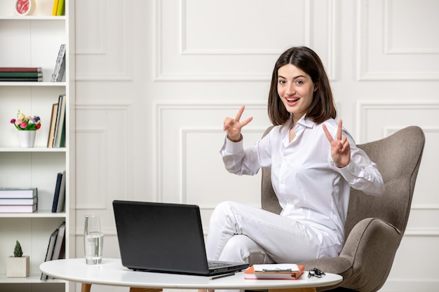 Psychologist brunette cute young professional woman providing online sessions showing peace sign
