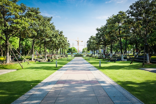 public square with empty road floor in downtown