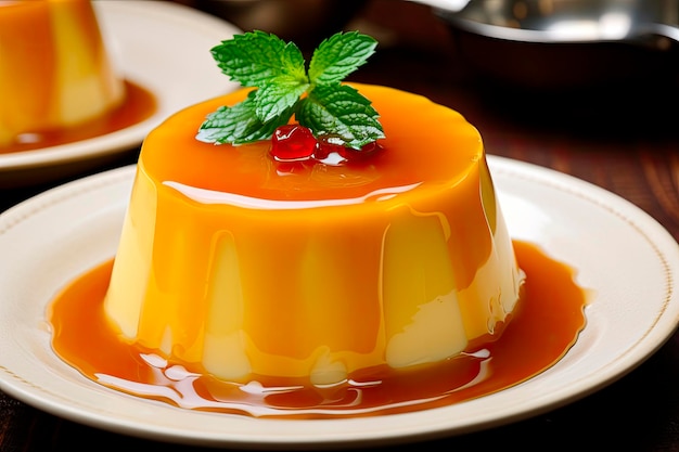 Free photo pudding caramel or caramel custard on wooden table