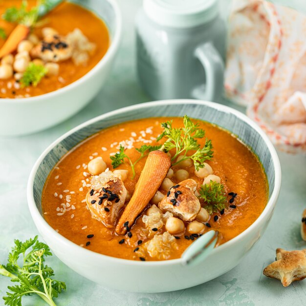 カボチャのクリーム スープ 緑の背景にひよこ豆とキノアを添えたカボチャとニンジンのピューレ スープ ベジタリアン料理 ビーガン レシピ