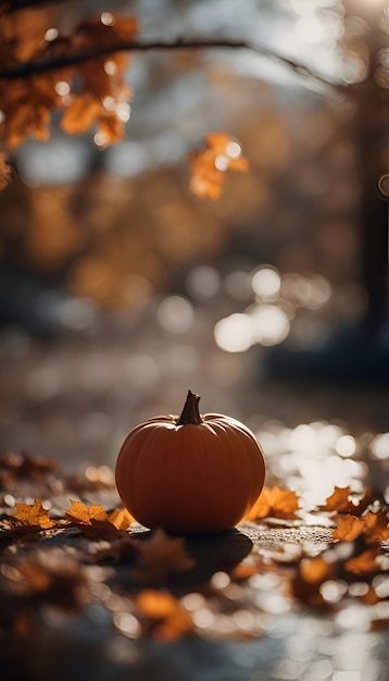 Pumpkin on the ground in the autumn forest Autumn background