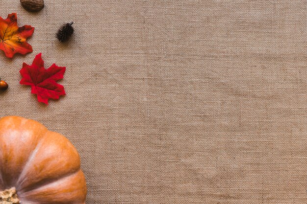 Pumpkin and leaves on linen cloth