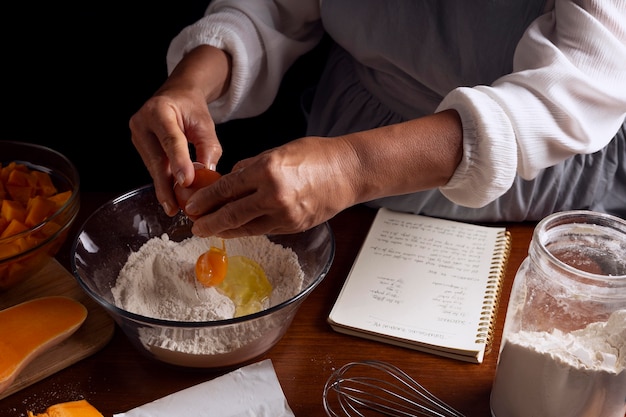 Free photo pumpkin pie making arrangement