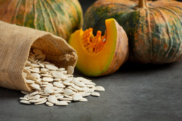 Pumpkin seeds were poured from the sack to the ground