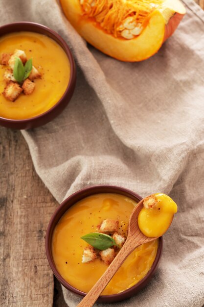 Pumpkin soup in bowl