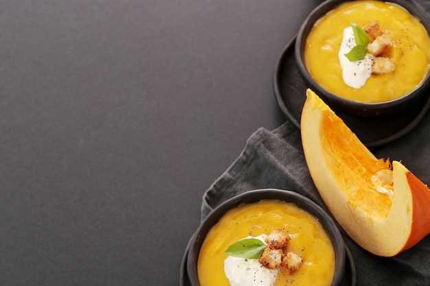 Pumpkin soup in bowl