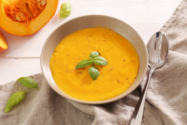 Pumpkin soup in bowl