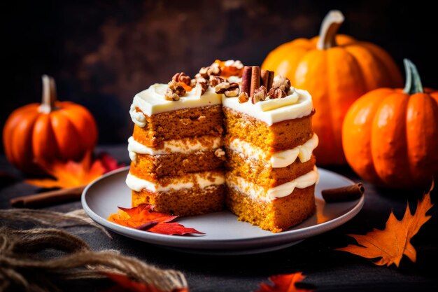 Pumpkin spice cake with cream cheese dessert for Halloween and Thanksgiving on wooden table