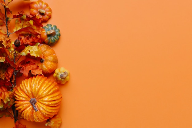 Pumpkins and autumn leaves with copy space in the right