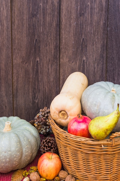 Pumpkins in basket on table