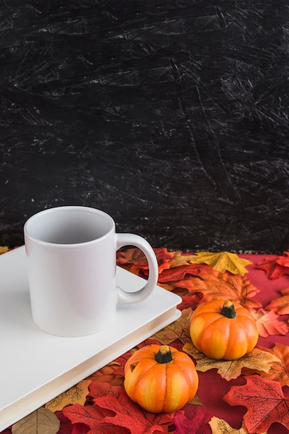 Pumpkins on leaves near book and mug