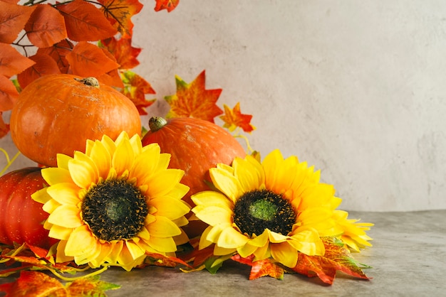 Pumpkins and sunflowers near autumn leaves