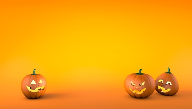 Тыквы с улыбкой и испуганным лицом на оранжевом фоне хэллоуин скопируйте пространство для текста