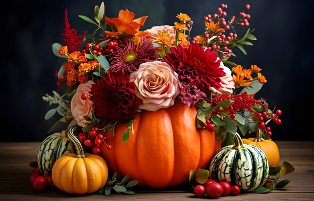 Pumpkins with flowers arrangement