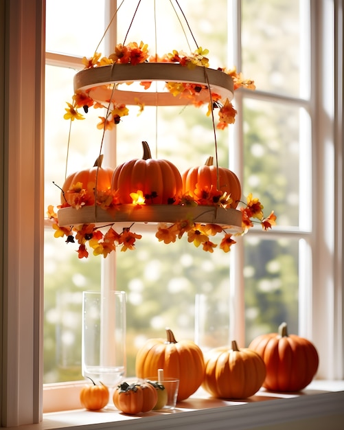 Pumpkins with flowers indoors