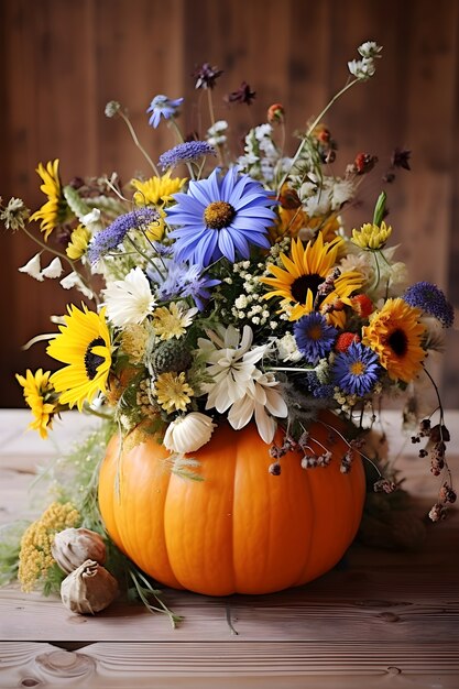 Pumpkins with flowers indoors