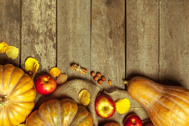 Pumpkins on wooden board