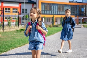 Pupils of primary school. girls with backpacks near school outdoors. beginning of lessons. first day of fall.