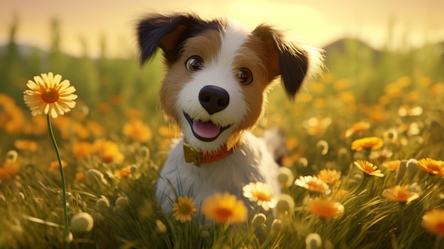 Foto gratuita un cucciolo in un campo con fiori in stile cartone animato