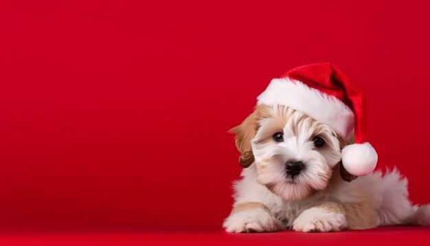 A puppy wearing a santa hat sits on a red background.