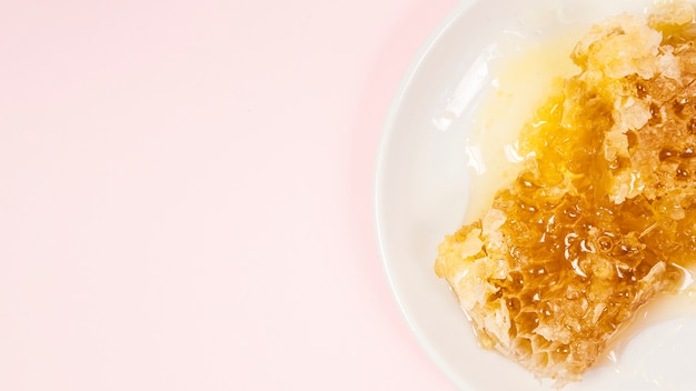 Pure yellow honeycomb in ceramic plate with copy space background