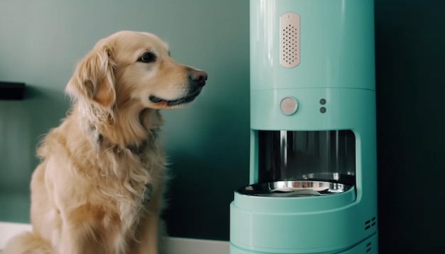 AI によって生成された家庭用キッチンに座っている純血種のゴールデンレトリバーの子犬