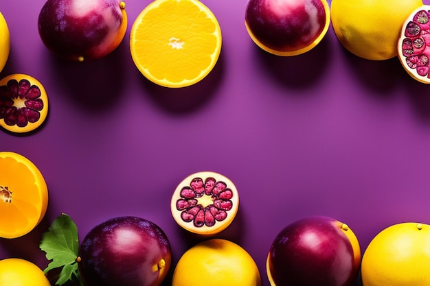 Free photo a purple background with a cut fruit and a purple background