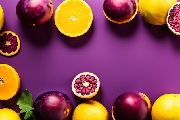 A purple background with a cut fruit and a purple background