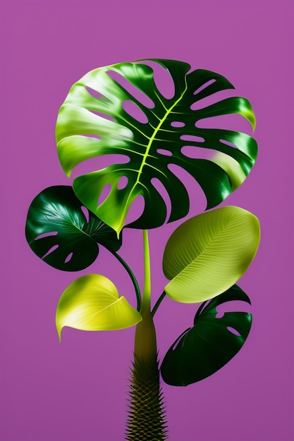 Free photo a purple background with a leaf of monstera.