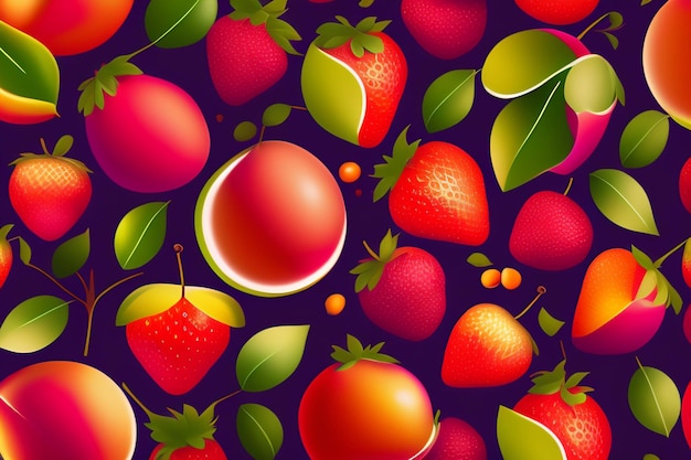 A purple background with a pattern of strawberries and green leaves