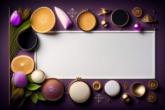 A purple background with various cosmetics including a face mask and a white frame.