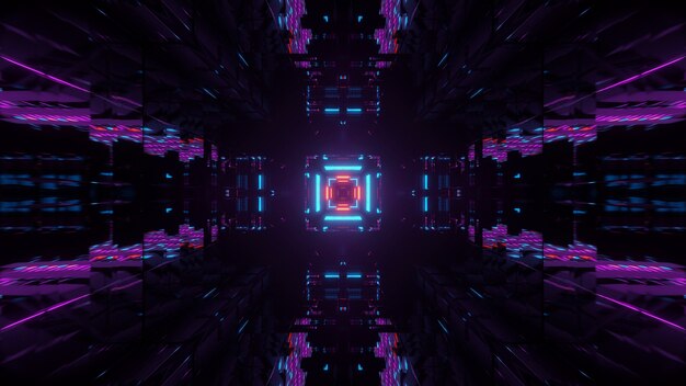 Purple and black futuristic aztec abstract background with squares and neon lights