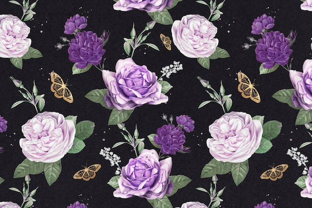 Purple cabbage roses and butterfly watercolor pattern